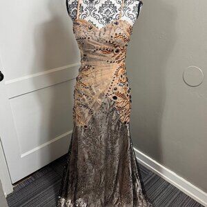 Rina Di Monella tan/nude metallic sweetheart neck jewel embellished dress